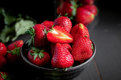 High angle view of strawberries in bowl