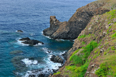 Scenic view of sea by cliff