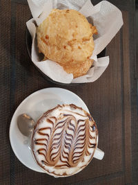 High angle view of breakfast served on table