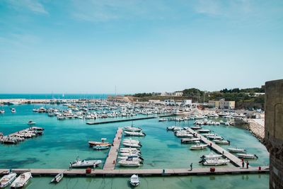 High angle view of harbor against blue sky