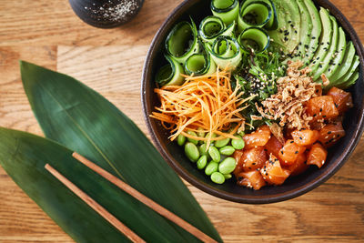 High angle view of vegetables in bowl on table