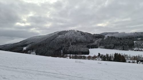 Scenic view of snowcapped mountains against sky