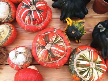 High angle view of pumpkins on table