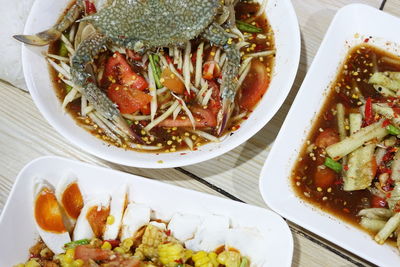 High angle view of food in plate on table