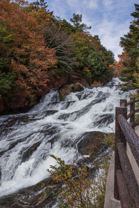 Scenic view of waterfall in forest against sky