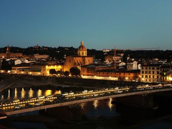 Illuminated buildings by river against clear sky