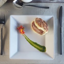 High angle view of breakfast served on table