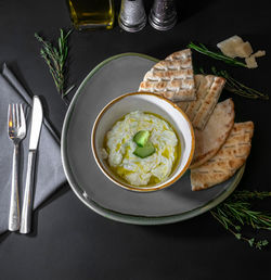 High angle view of meal served on table