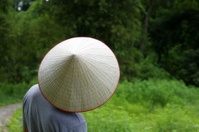 Rear view of man wearing asian style conical hat while standing against trees in forest