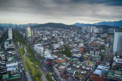 High angle shot of townscape against sky