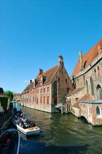 Canal amidst buildings against clear blue sky