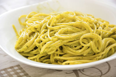 Close-up of noodles in bowl on table