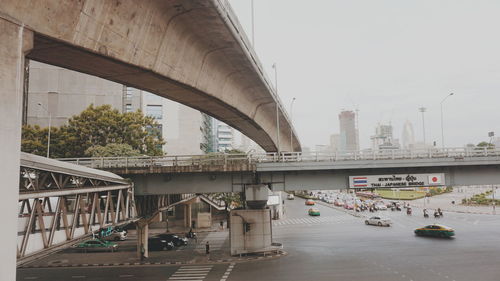 Bridge over river in city against sky