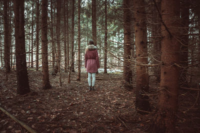 Rear view of woman standing amidst bare trees in forest