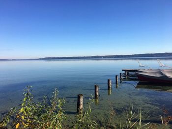 Scenic view of lake against clear blue sky