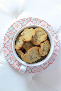 High angle view of cookies in plate on table