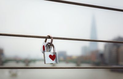 Close-up of padlocks on railing