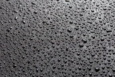Water drops on abstract flat black hydrophobic surface macro background with selective focus