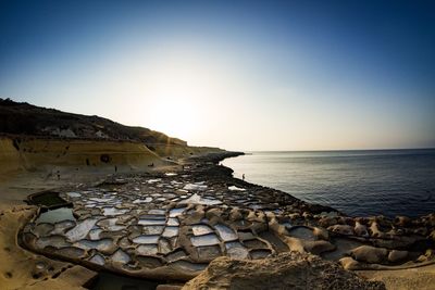 Scenic view of rocky coastline against clear sky