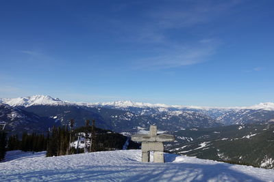 Scenic view of snowcapped mountains against blue sky