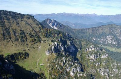 High angle view of lake and mountains against sky