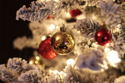 Close-up of christmas decorations hanging on tree