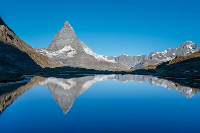 Scenic view of lake and mountains against clear blue sky