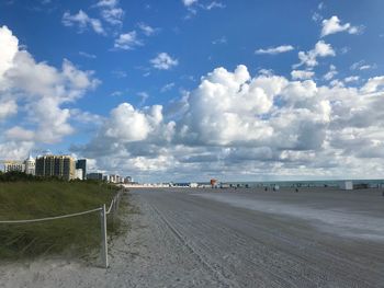 Scenic view of beach against sky in city