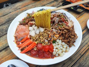 High angle view of food in plate on table