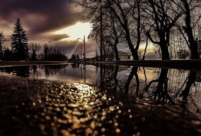 Silhouette bare trees by lake against sky during sunset