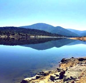 Scenic view of lake and mountains against sky