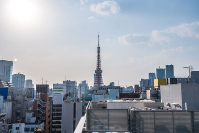 Buildings in city against cloudy sky