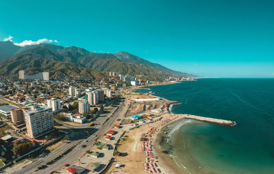 Aerial view of the coastline highway in los corales, caraballeda, venezuela. drone view of la guaira