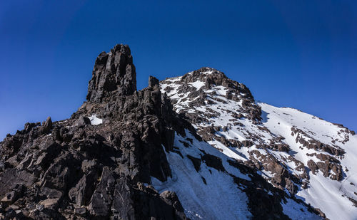 Low angle view of snowcapped mountain against blue sky