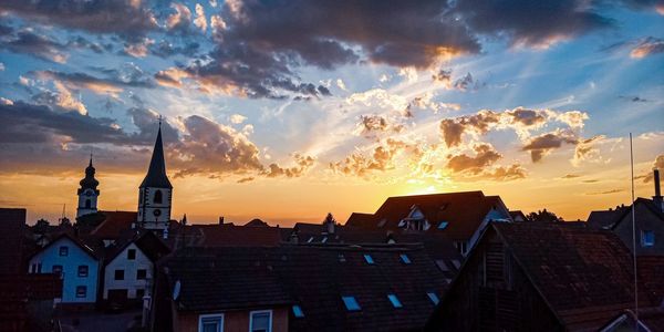 Panoramic view of buildings against sky during sunset