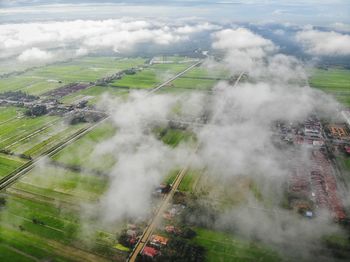 Aerial view green paddy field with low clouds