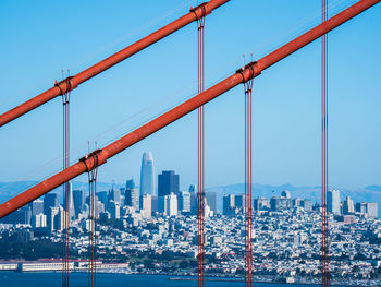 Bridge and buildings against clear sky