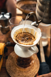 High angle view of coffee cup on table