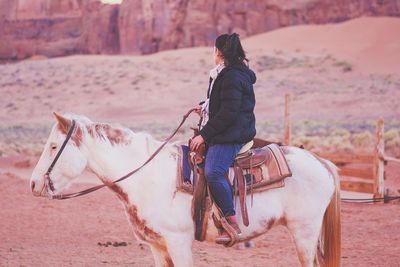 Rear view of man riding horse on land