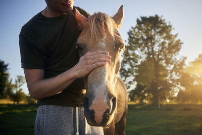 Man is stroking head of therapy horse at beautiful summer sunset. 