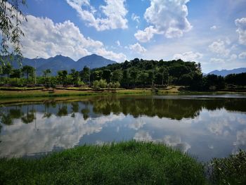 Scenic view of lake by trees against sky