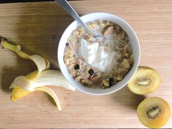 High angle view of breakfast served on table