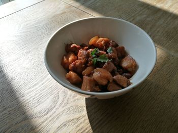 High angle view of salad in bowl on table