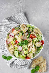 High angle view of salad in plate on table