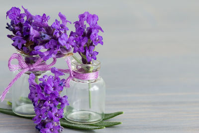 Close-up of purple flowers in vase on table