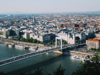 High angle view of river amidst buildings in city against sky