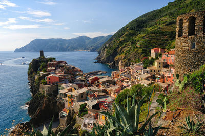 High angle view of sea and mountains against sky