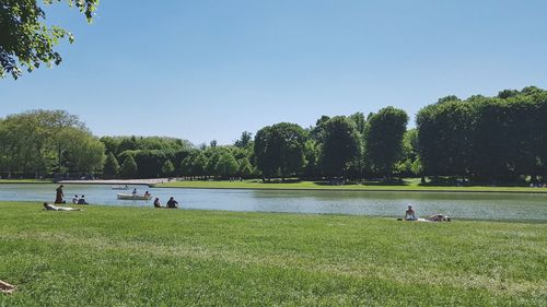 People relaxing on field by lake against clear sky