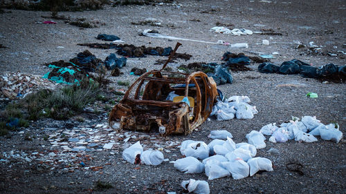 High angle view of garbage on beach