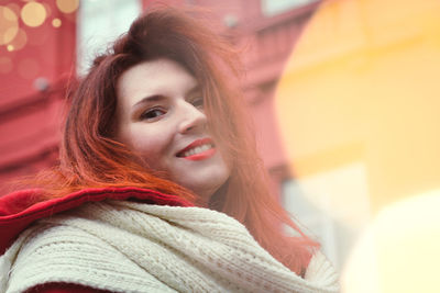 Close up stylish lady with bokeh lights in town portrait picture